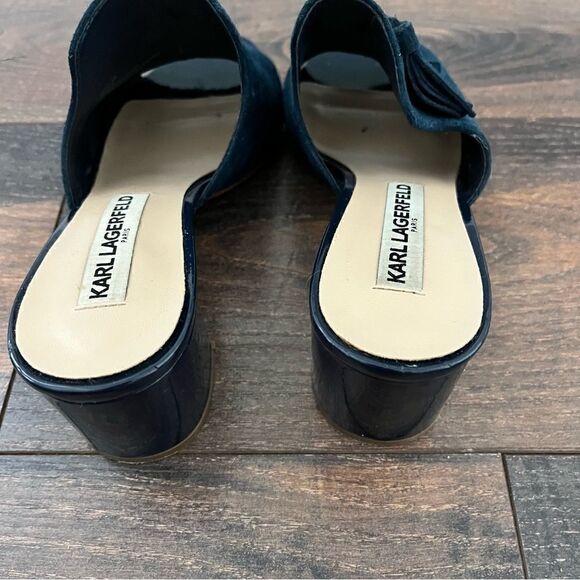 Karl Lagerfeld Paris Blue Suede Hettie Tassel Slip On Mule Heel Size 5.5 - Picture 7 of 12